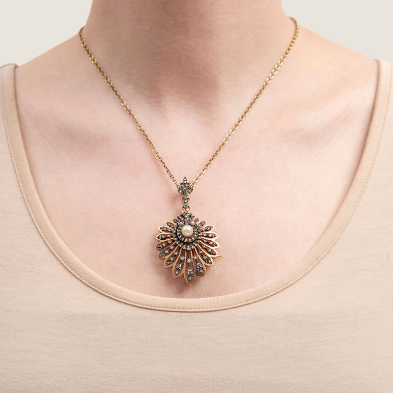 Victorian 18kt Rose Gold/Sterling, Rose Cut Diamond + Pearl Pin/Pendant