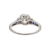 Art Deco Platinum, Diamond + Sapphire Engagement Ring 1.04ctw Center