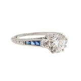 Art Deco Platinum, Diamond + Sapphire Engagement Ring 1.04ctw Center