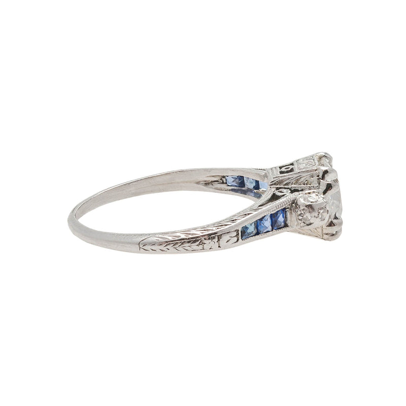 Art Deco Platinum, Diamond + Sapphire Engagement Ring 1.04ctw Center
