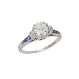 Art Deco Platinum, Diamond + Sapphire Engagement Ring 1.04ctw Center