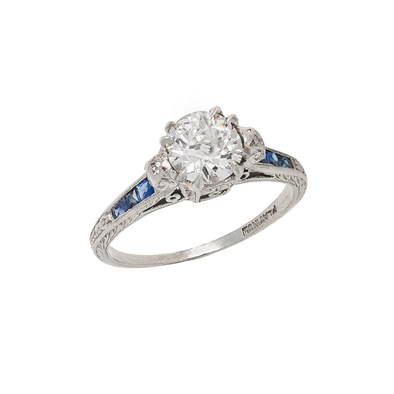 Art Deco Platinum, Diamond + Sapphire Engagement Ring 1.04ctw Center