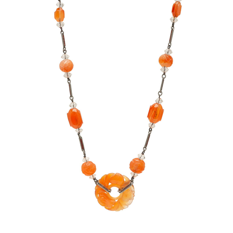 Art Deco Sterling Carved Carnelian & Rock Quartz Crystal Bead Necklace