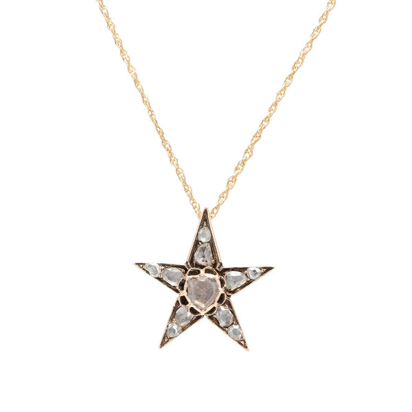 Victorian Petite 14kt Rose Cut Diamond Star Pendant & Chain