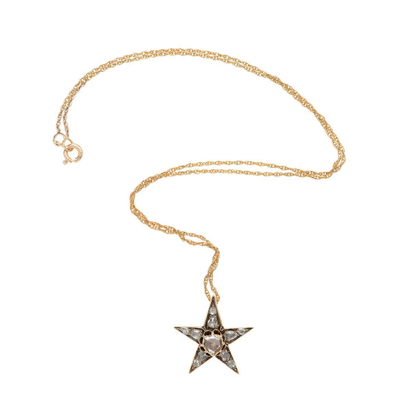 Victorian Petite 14kt Rose Cut Diamond Star Pendant & Chain