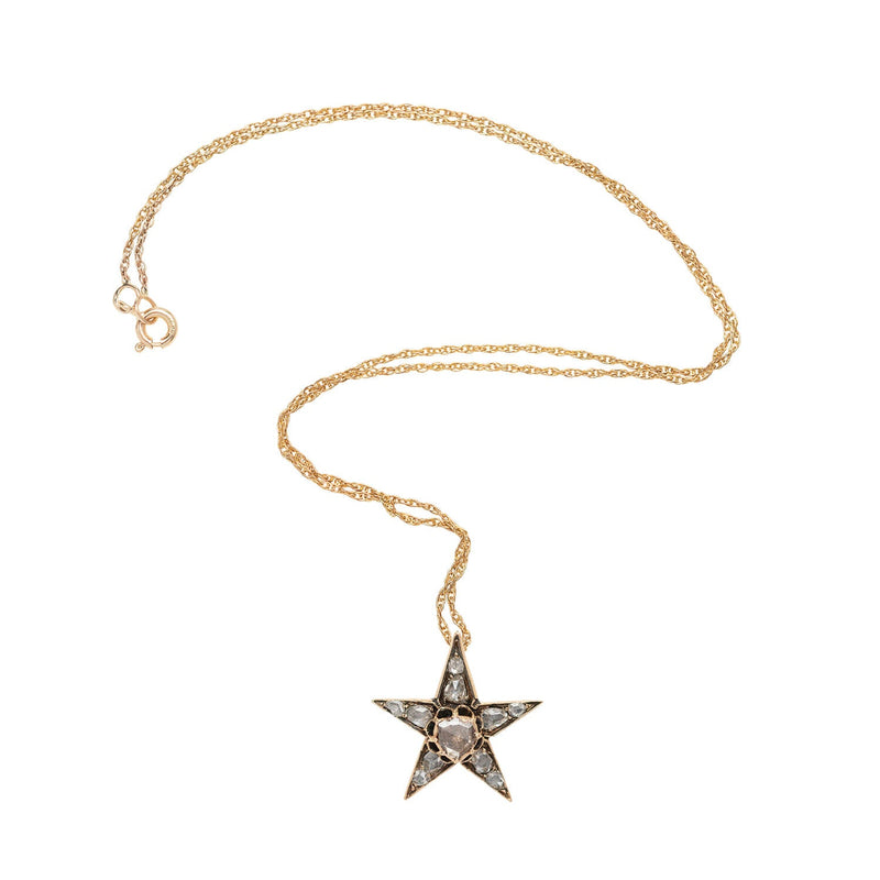 Victorian Petite 14kt Rose Cut Diamond Star Pendant & Chain