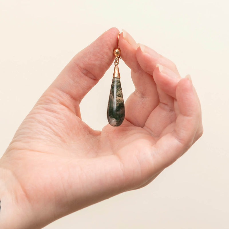 Victorian 14k + Moss Agate Teardrop Dangle Earrings