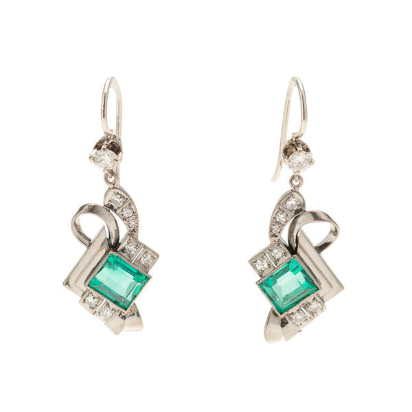 Art Deco Platinum 2ct Emerald + Diamond Drop Earrings