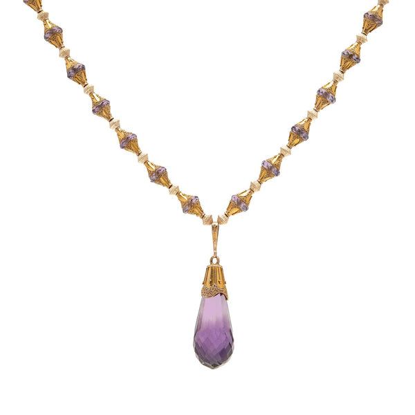 Victorian 14k Amethyst Briolette + Etruscan Bead Necklace 23"
