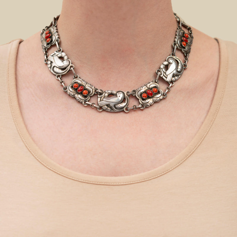 GEORG JENSEN Denmark Vintage Sterling + Coral Dove Set