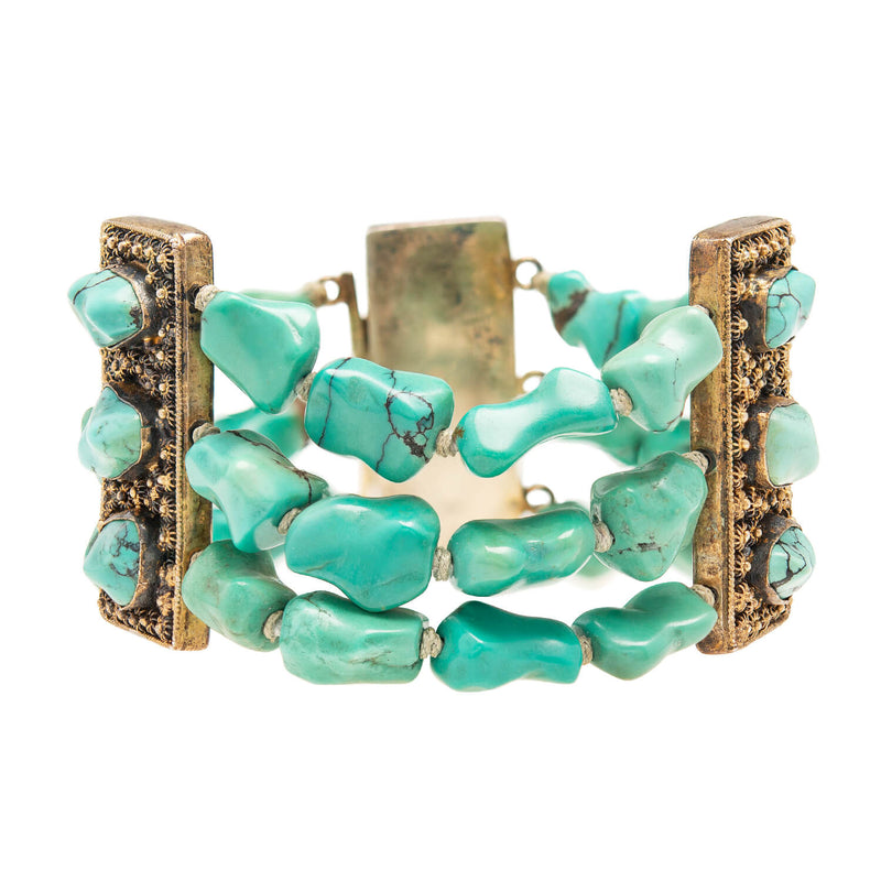 Art Deco Sterling Gilt Turquoise Nugget Bracelet