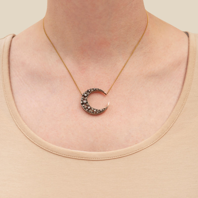 Victorian 18k + Sterling Topped Diamond Crescent Moon Necklace
