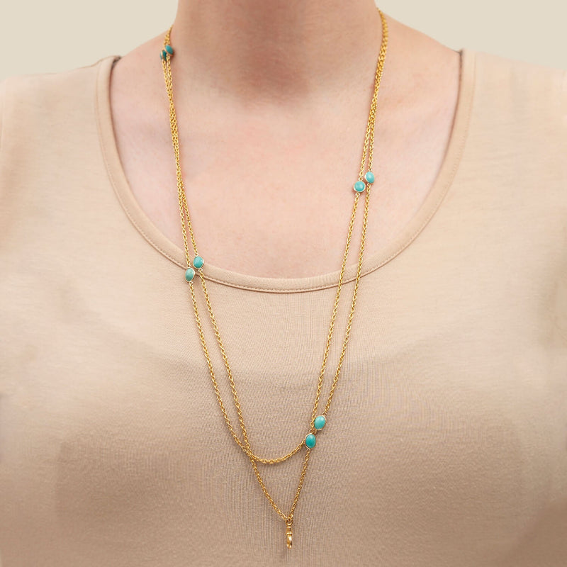 Art Deco 14k Turquoise Link Long Guard Chain Necklace 58.5"