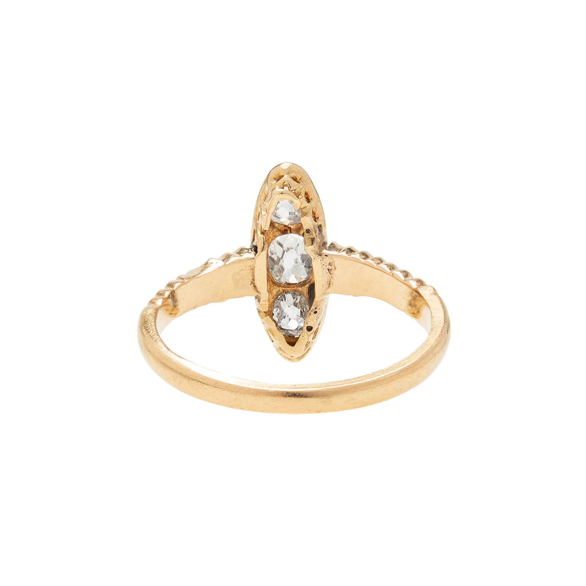 Retro 18k Mine Cut Diamond Three-Stone Navette Ring .65ctw
