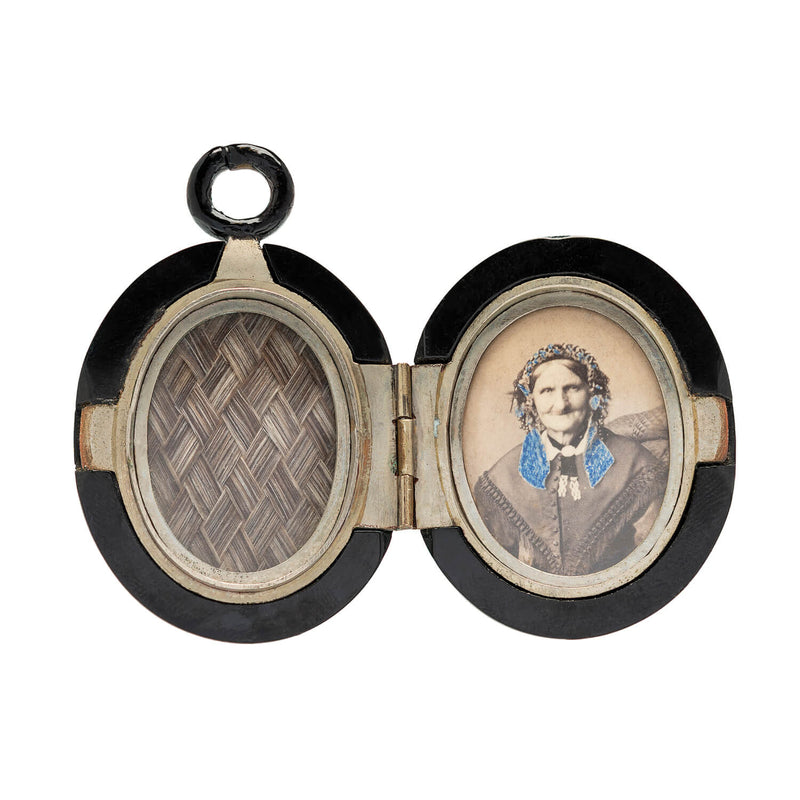 Victorian Large Sterling Silver Jet Hair Locket with Diamond