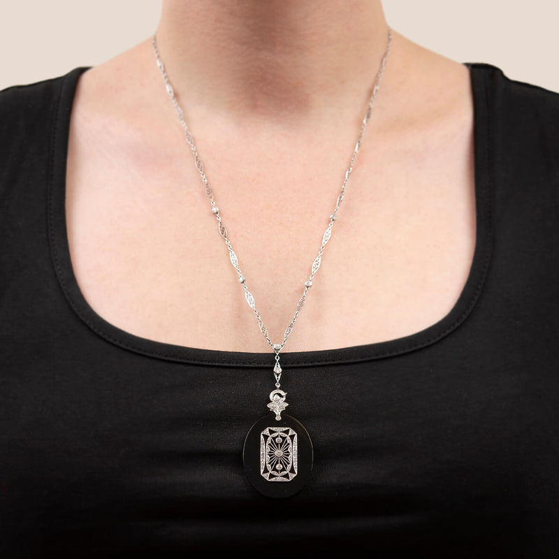 Art Deco 14k Onyx & Diamond Filigree Pendant Necklace