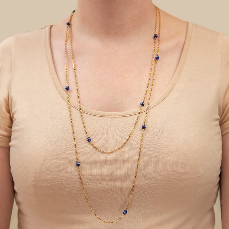 Art Deco 14k Chain Necklace with Lapis & Crystal Beads 61"