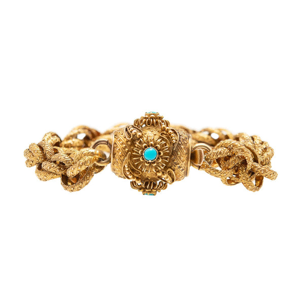 Georgian 15k Textured Link Chain Bracelet with Turquoise Bead Clasp