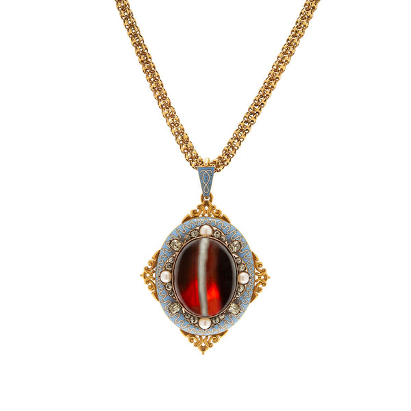 Victorian 18k Enameled Banded Agate Pendant with Chrysoberyl & Pearls