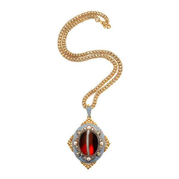 Victorian 18k Enameled Banded Agate Pendant with Chrysoberyl & Pearls