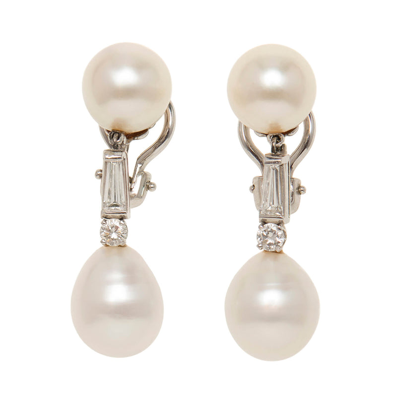 Estate Platinum Diamond & South Sea Pearl Earrings