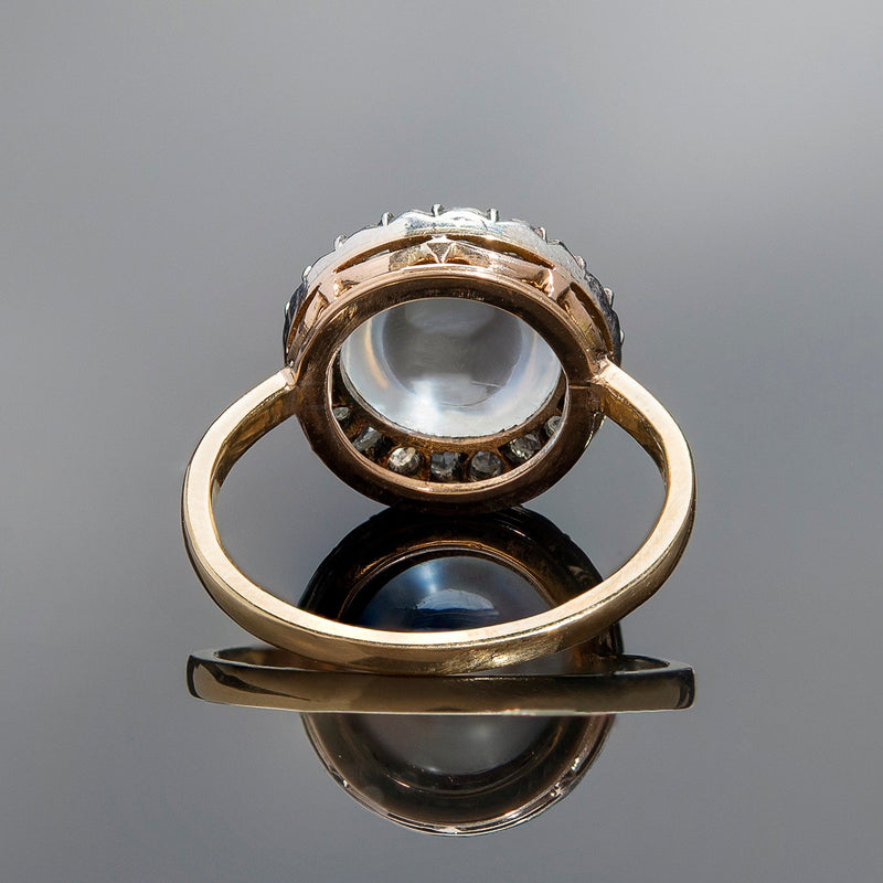 Victorian 18k/Sterling Moonstone + Rose Cut Diamond Cluster Ring