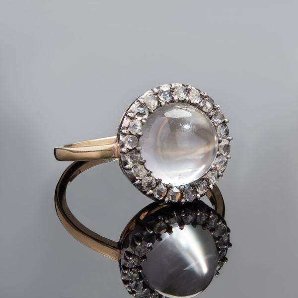 Victorian 18k/Sterling Moonstone + Rose Cut Diamond Cluster Ring