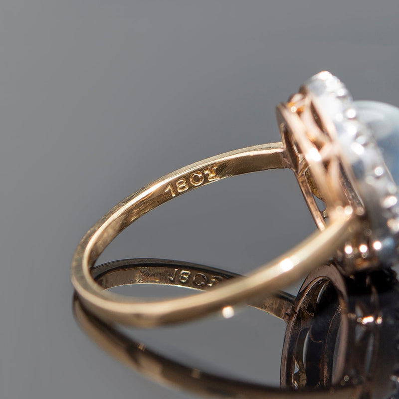 Victorian 18k/Sterling Moonstone + Rose Cut Diamond Cluster Ring