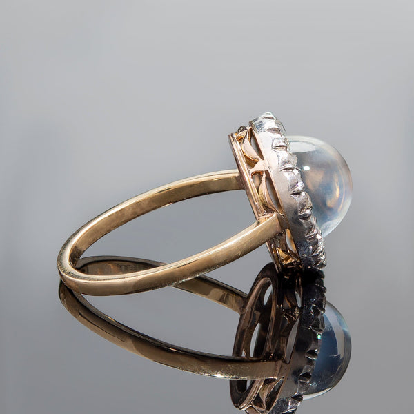 Victorian 18k/Sterling Moonstone + Rose Cut Diamond Cluster Ring