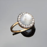 Victorian 18k/Sterling Moonstone + Rose Cut Diamond Cluster Ring