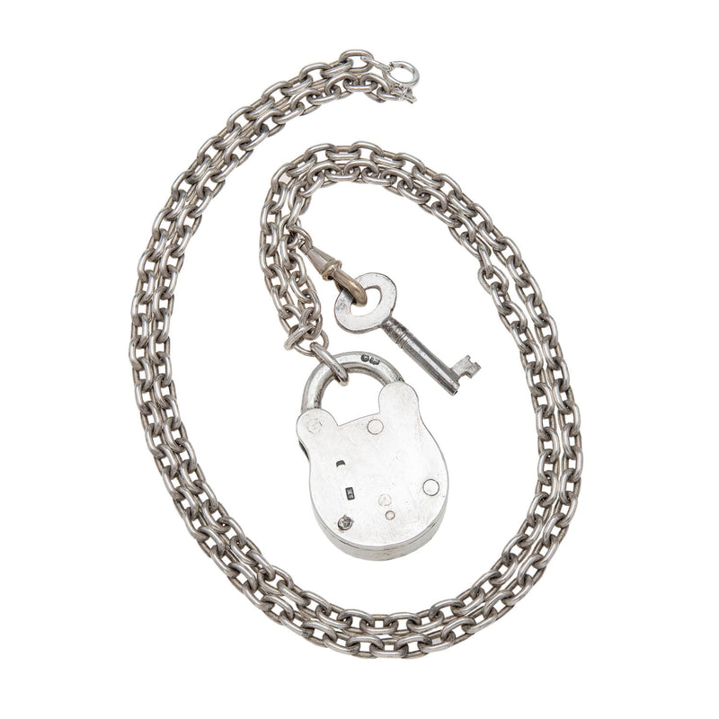 Victorian Sterling Silver Padlock Pendant + Chain Necklace 30"