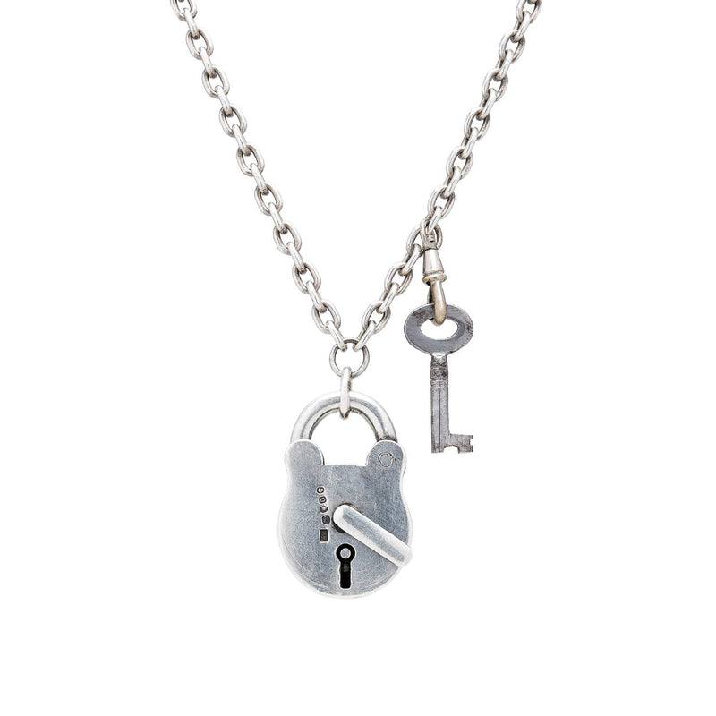 Victorian Sterling Silver Padlock Pendant + Chain Necklace 30"