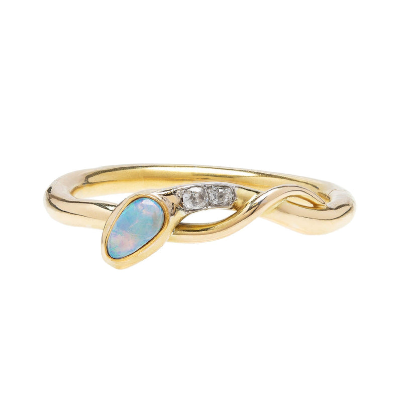 Victorian French 18k Mine Cut Diamond + Opal Snake Bracelet 1.35ctw