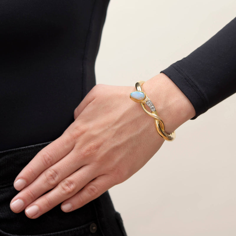 Victorian French 18k Mine Cut Diamond + Opal Snake Bracelet 1.35ctw