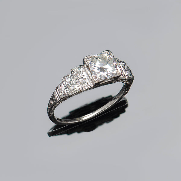 Art Deco Platinum Diamond Engagement Ring .82ct Center