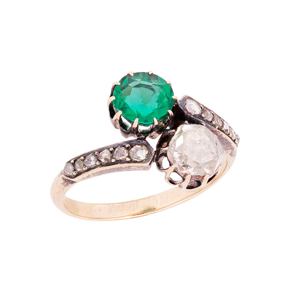 Victorian 18kt/Sterling Diamond + Emerald Moi et Toi Bypass Ring