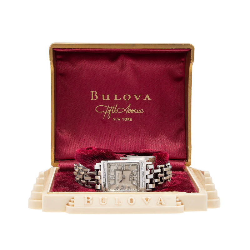 BULOVA Retro Platinum + Diamond Watch with Original Box