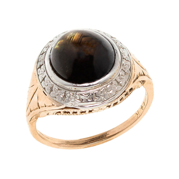 Edwardian 14k & Platinum Cats Eye Chrysoberyl Cocktail Ring