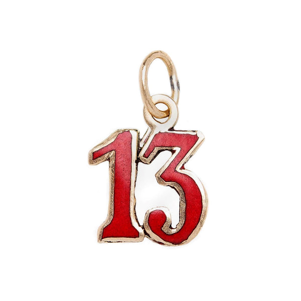 Retro 14k Gold "Lucky 13" Red Enamel Charm Pendant
