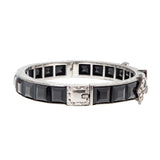 DIAMONBAR "Lady Gloria" Art Deco Sterling + Black Paste Crystal Buckle Motif Bangle Bracelet Pair