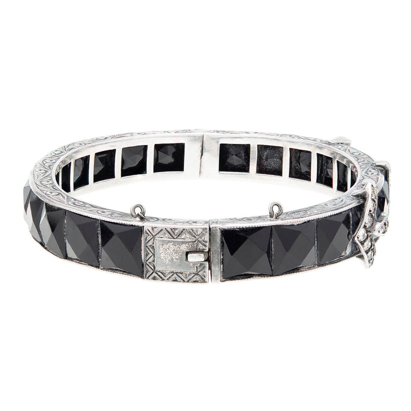 DIAMONBAR "Lady Gloria" Art Deco Sterling + Black Paste Crystal Buckle Motif Bangle Bracelet Pair