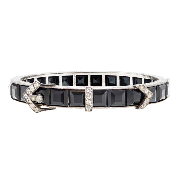 DIAMONBAR "Lady Gloria" Art Deco Sterling + Black Paste Crystal Buckle Motif Bangle Bracelet Pair
