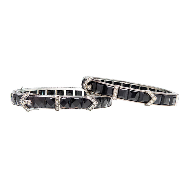 DIAMONBAR "Lady Gloria" Art Deco Sterling + Black Paste Crystal Buckle Motif Bangle Bracelet Pair