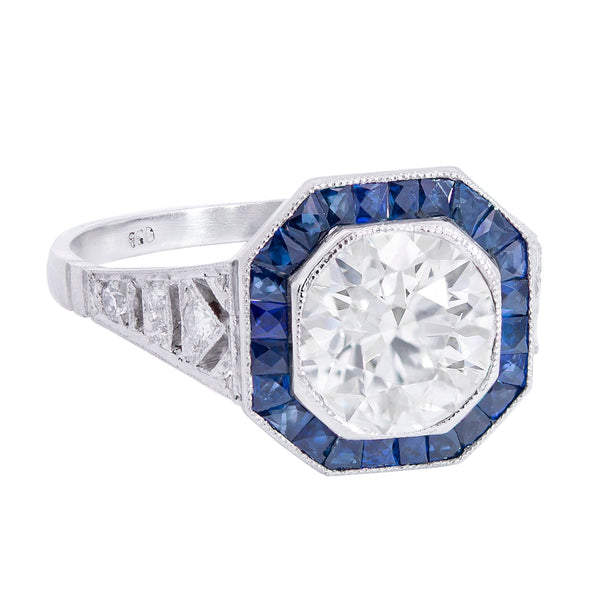 Art Deco Style Platinum Diamond + Sapphire Engagement Ring 1.72ct center