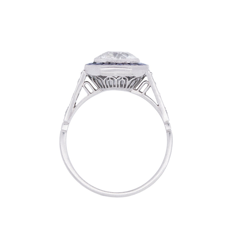 Art Deco Style Platinum Diamond + Sapphire Engagement Ring 1.72ct center