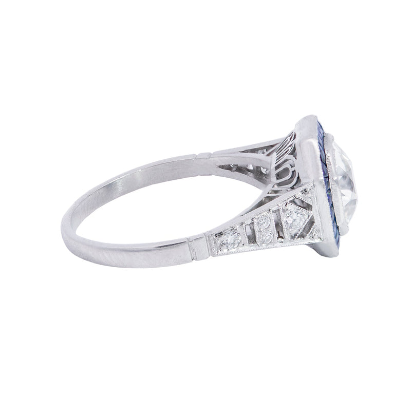 Art Deco Style Platinum Diamond + Sapphire Engagement Ring 1.72ct center