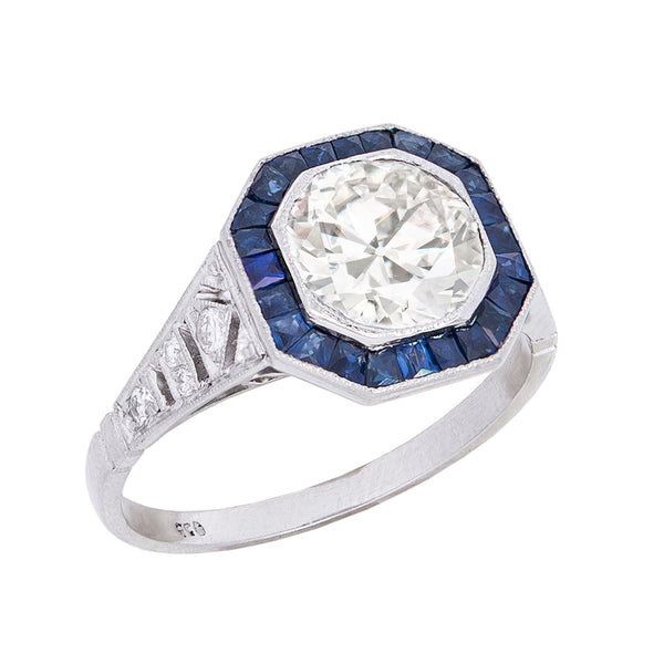 Art Deco Style Platinum Diamond + Sapphire Engagement Ring 1.72ct center