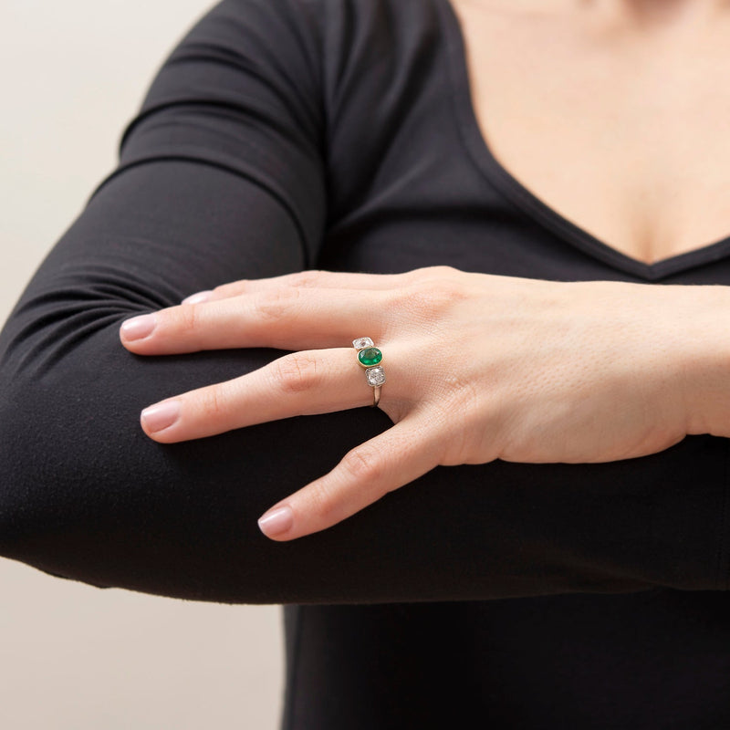 Edwardian 18k & Platinum Diamond & Emerald 3-Stone Ring