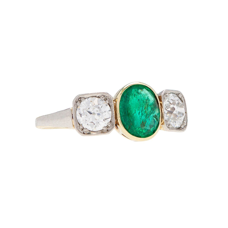 Edwardian 18k & Platinum Diamond & Emerald 3-Stone Ring