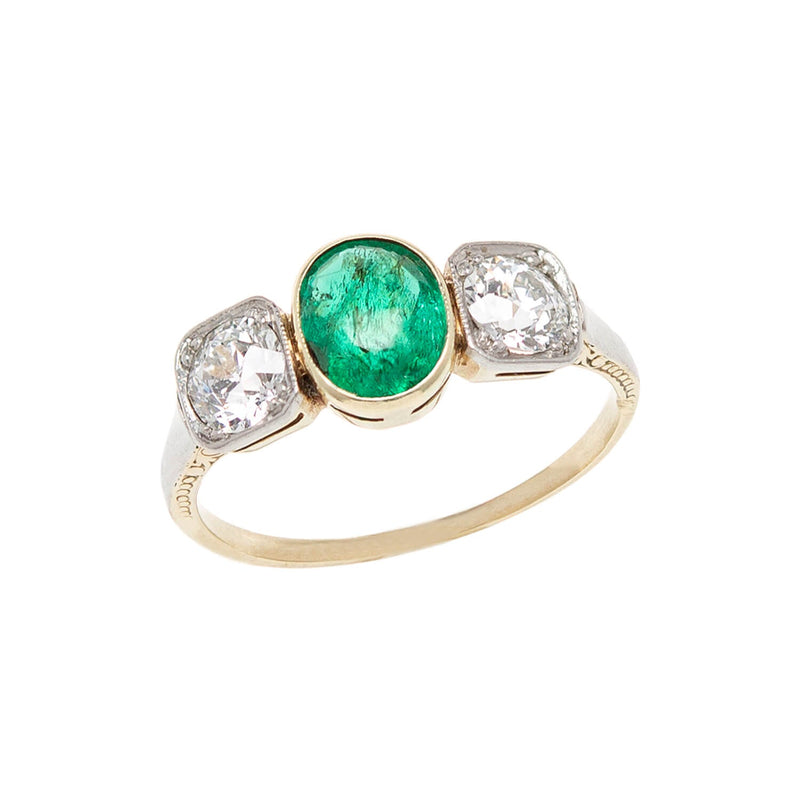Edwardian 18k & Platinum Diamond & Emerald 3-Stone Ring
